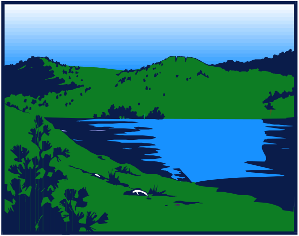 The image shows a serene landscape with mountains on either side of a river that flows into a lake at its center. There is no visible text in this clip-art representation.