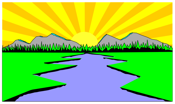 The image shows a sunset over mountains with two panels: on top, it's daytime; below, night has fallen but there is still light in the sky from the reflection of sunlight off water.