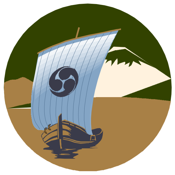 The image shows a stylized illustration of two boats on water with mountains in the background; there is also an emblem featuring three interconnected circles resembling a tree within each other atop one boat, and another depicting a single circle inside a shield-like shape above the second.