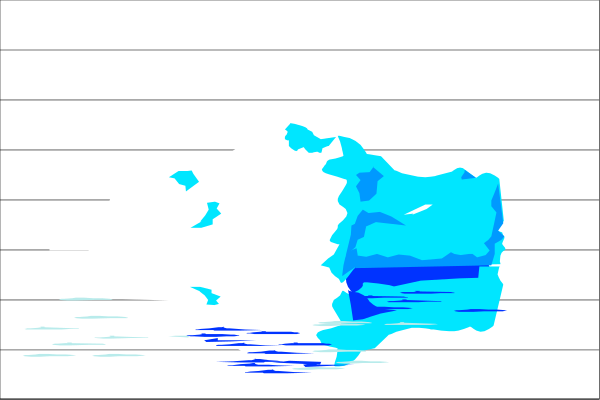 The image shows a pixelated representation of an iceberg with blue water at its base and white snow on top against a black background.