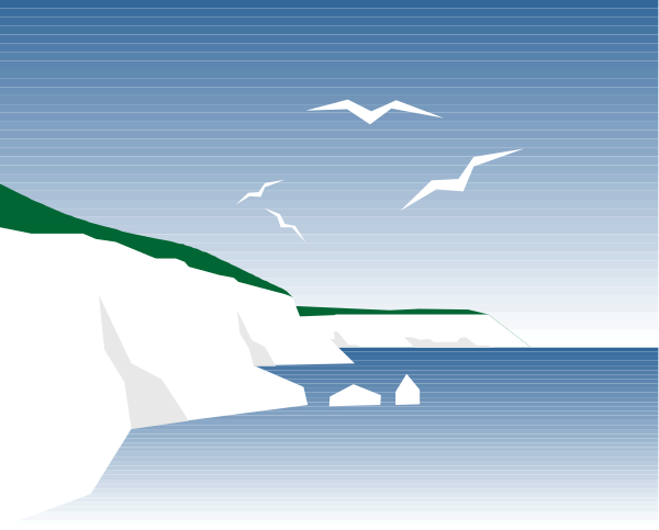 The image shows a serene coastal scene with three seagulls flying over cliffs near an ocean shoreline under a clear blue sky during daylight hours.