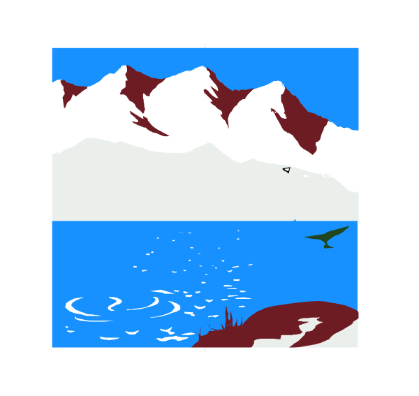 The picture shows a serene landscape with mountains on either side of a lake under a clear blue sky; there is no visible text in this image.