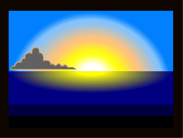 The picture shows a sunset over an ocean with clouds on the horizon under a blue sky.