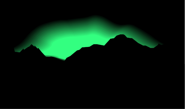 The image shows a nighttime scene with an aurora over mountains under a dark sky; it is stylized as clip-art with simple shapes representing trees in silhouette against green light on one side, and what appears to be snowy mountain peaks illuminated by this glow at the horizon.