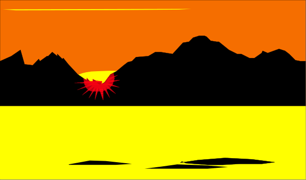 The image shows a sunset with silhouettes of mountains against an orange sky on what appears to be a beach scene at dusk.