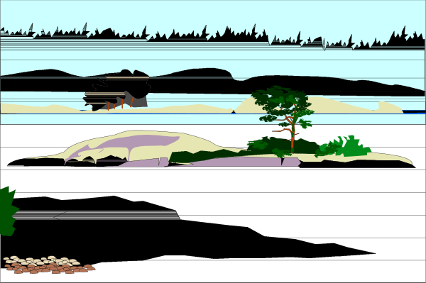 The image shows a digital collage of various landscapes including trees, water bodies like lakes and rivers, mountains with snow-capped peaks in different seasons, an island scene at sunset, and possibly some wildlife such as birds flying over forests.