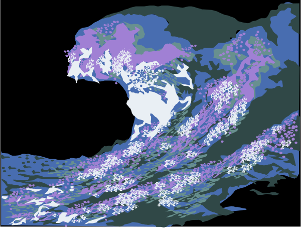 The image shows a split screen with two different scenes: on top, there is an animated depiction of a large wave crashing down in shades of blue; below it, another scene features what appears to be a purple and white abstract pattern that could represent water or waves as well.