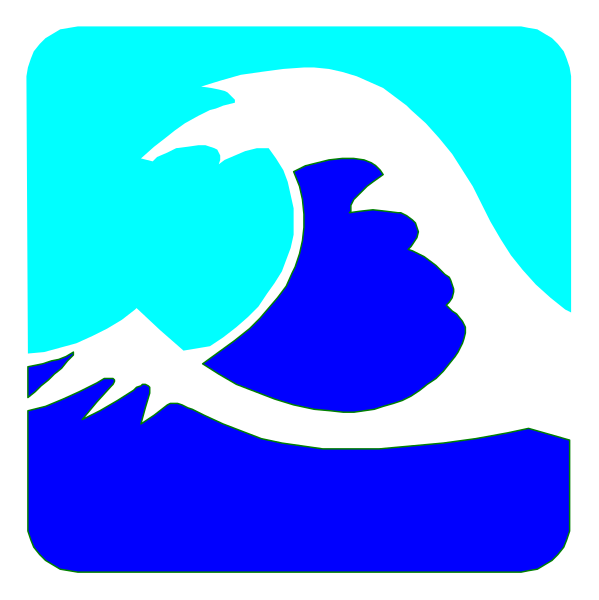 The image shows a stylized graphic of an iconic blue wave with white foam on top against a light background inside what appears to be a square frame resembling a digital interface element such as a button, possibly indicating surfing or ocean-related content due to its design and color scheme commonly associated with the sport.