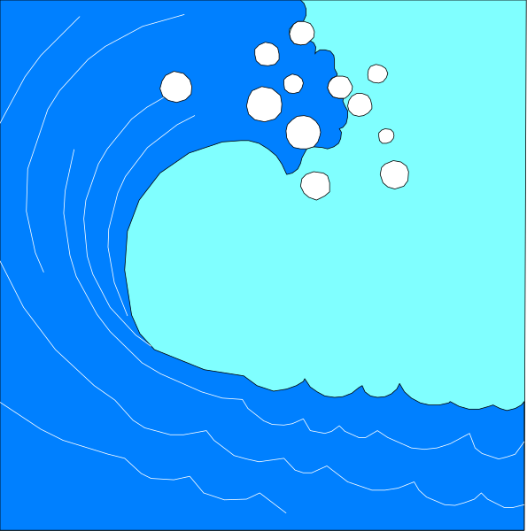 The image shows a blue ocean with waves crashing against it on either side of an island that is surrounded by white bubbles floating in the air above it.