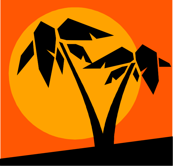 The image shows a silhouette of two palm trees against an orange sunset sky with a stylized horizon line at the bottom where there is no visible landmark to indicate location.