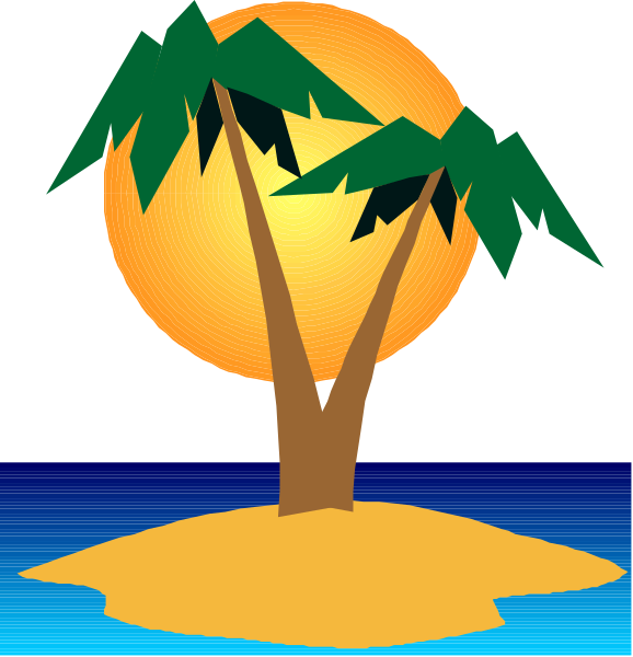 The image shows a tropical scene with two distinct parts: on top, there is an illustration of a sunset over what appears to be palm trees; below that, in contrasting dark blue water against lighter sandy beach backgrounds, we see silhouettes representing different stages or times of day.