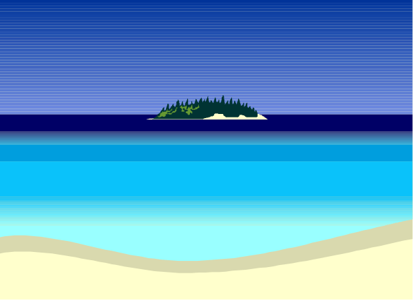The image shows a serene scene of an island with trees on it surrounded by water under a clear sky at sunset.