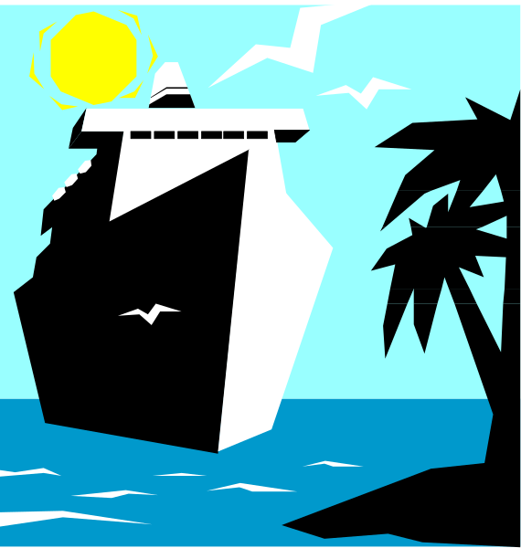 The image shows a black and white illustration of an ocean liner on water with palm trees along its side under a sunny sky during daytime; there is no text present in this clip-art piece, which focuses solely on depicting these elements without any additional context or narrative provided by the artist.