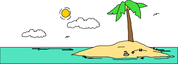 The image shows a cartoon depiction of an island with palm trees at sunset under a cloudy sky; there is no text present in this small clip-art illustration.