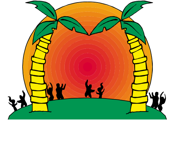 The image shows a cartoon sunset with silhouettes of palm trees on either side against an orange sky background; in front is a small island scene featuring two figures waving at each other under what appears to be a hut, and there's text that reads "Hawaii" above the horizon.