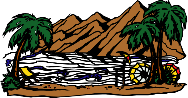 The image shows a cartoon depiction of an outdoor scene with palm trees on either side leading to mountains under a clear sky in front of which is what appears to be a building made from stone blocks; there's no text present, and it has been stylized for coloring purposes.