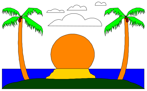 The image depicts a stylized scene with palm trees on either side of what appears to be an orange sunset in front of silhouettes that resemble mountains under a dark sky at nighttime.
