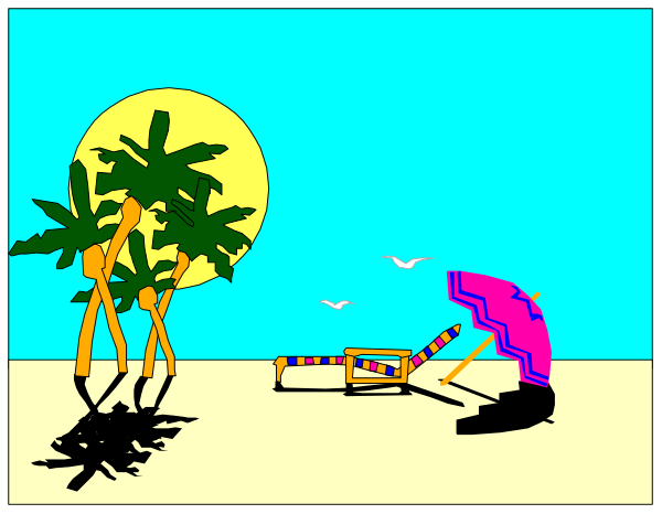 The image shows a cartoon of two palm trees on either side with an animated character standing between them under what appears to be a sunny sky during daytime; there is also another figure in front of one tree, which seems like it's raining or snowing due to the presence of raindrops.