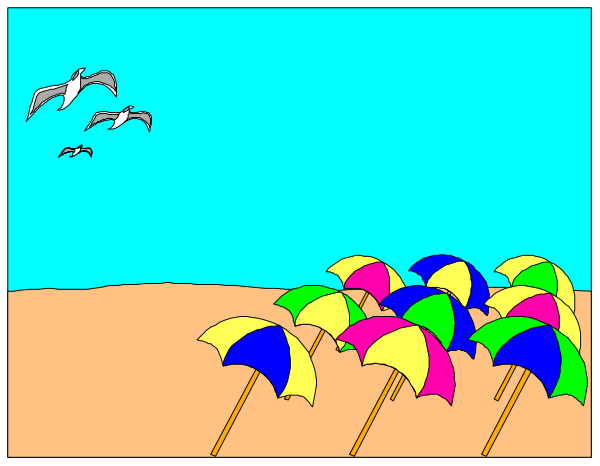 The image depicts a beach scene with umbrellas on poles against an open sky background; there is no text present in this clip-art illustration.