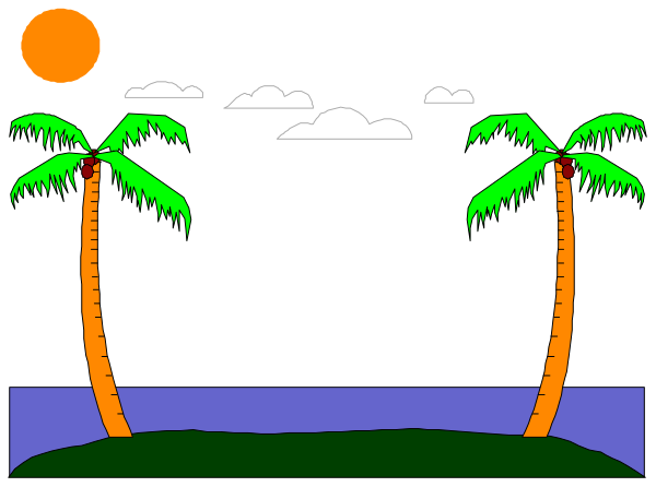 The image shows a pixelated scene with two palm trees on either side of what appears to be an island at sunset, set against a dark sky background that resembles nighttime.
