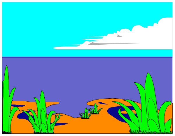 The image shows a cartoon depiction of an underwater scene with fish swimming near plants at the bottom right corner; above this is another frame showing land with grasses on it in front of water that has waves and clouds, suggesting two different environments separated by frames within one picture.