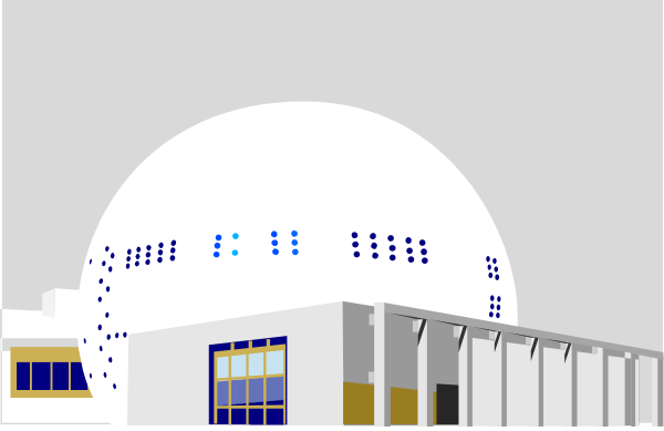 The image shows a stylized depiction of an indoor scene with geometric shapes representing buildings under what appears to be a large dome-like structure that could represent a ceiling in a building like a museum or exhibition hall, and there is no text present within this small clip art illustration.