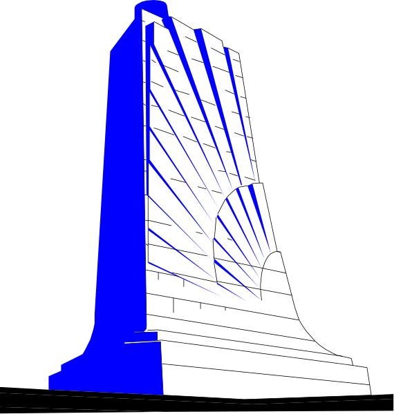 The image shows a blueprint of an architectural structure resembling a classical monument with rays emanating from it against a black background.