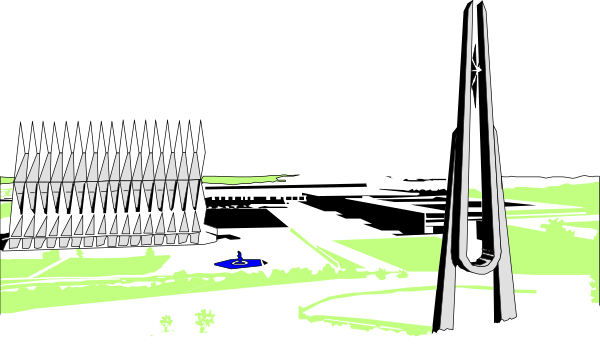 The image shows a black and white collage of various architectural structures including towers with spires against an urban skyline background.