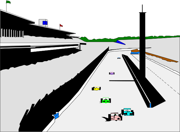 The image shows a black and white photo of an indoor scene with multiple cars on what appears to be a race track set up in front of a large window that looks out onto another room where there is more scenery, including trees outside during daylight hours.