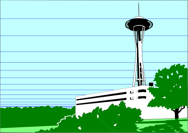 The image shows a cartoon drawing of an iconic landmark with text boxes overlaid on it that read "Seattle Space Needle" at top left corner and "10 feet to 5th Ave." in bottom right, indicating scale for viewers. It's set against the backdrop of what appears to be a clear sky during daytime hours. The landmark is depicted with some detail but without any people or animals present; it seems like an illustration meant to represent Seattle and its famous structure rather than depicting specific actions taking place therein.
