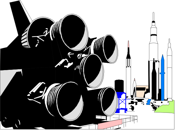 The black and white clip-art shows a collection of spacecraft parts including rockets with engines on top, an astronaut in spacesuit next to them, various planets depicted as spheres at different distances from each other, and some buildings that resemble cityscapes or possibly launch pads.