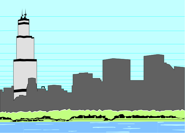 The image shows a black and white illustration of an urban skyline with tall buildings against a clear blue background; there is no text present in this clip-art picture.