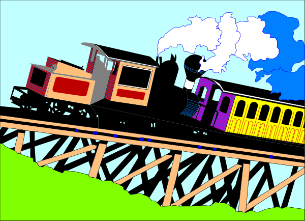 The image shows a colorful cartoon of two trains on tracks with an overpass above them; there is no text present in this clip-art illustration.