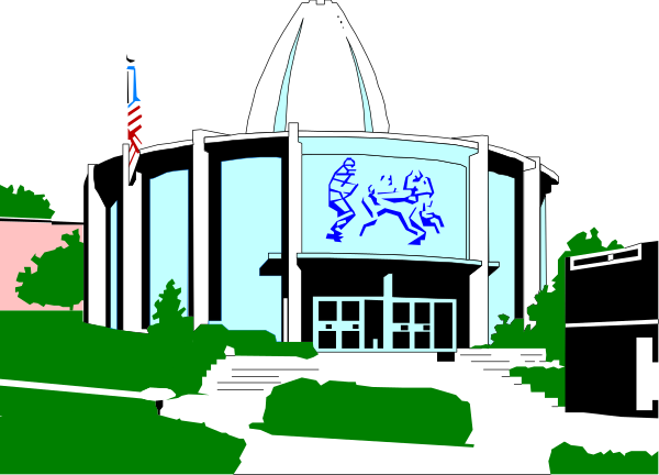 The image shows a black and white illustration of an indoor sports arena with a sign that reads "Indiana State University" in front of it at nighttime.