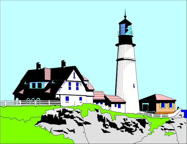 The image depicts a serene coastal scene with two houses on either side of an iconic lighthouse atop cliffs overlooking calm waters under clear skies.