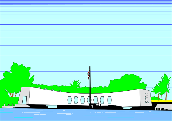 The image shows a digital rendering of an outdoor scene with waterfront elements such as palm trees on either side of what appears to be a bridge overlooking calm waters under a clear sky; there is no visible text, people, animals, actions, and setting in this small clip-art image.