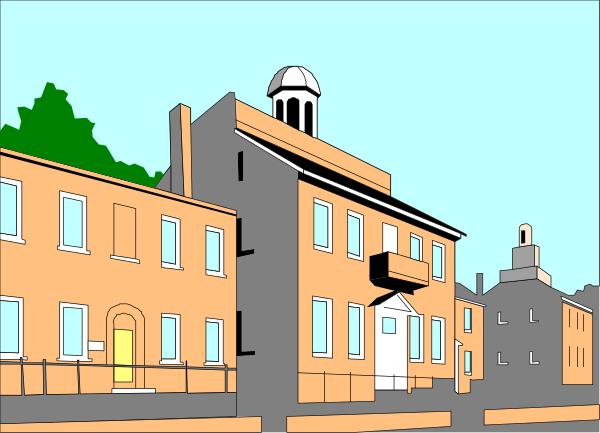 The image shows a stylized illustration of an old brick building with multiple windows on each floor, situated next to another similar structure in what appears to be a small town street scene during daylight hours under clear skies.