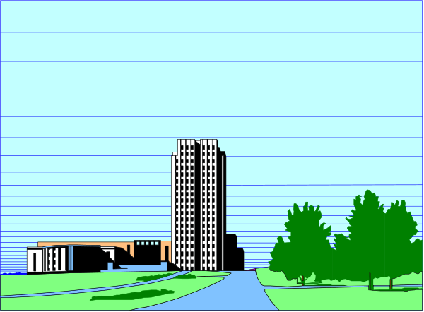The image shows a cityscape with buildings on both sides of an empty road that leads to them; there is no text present in this clip-art illustration.