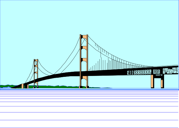 The image shows a digital rendering of an iconic bridge with two towers connected by cables over water, set against a clear sky background.