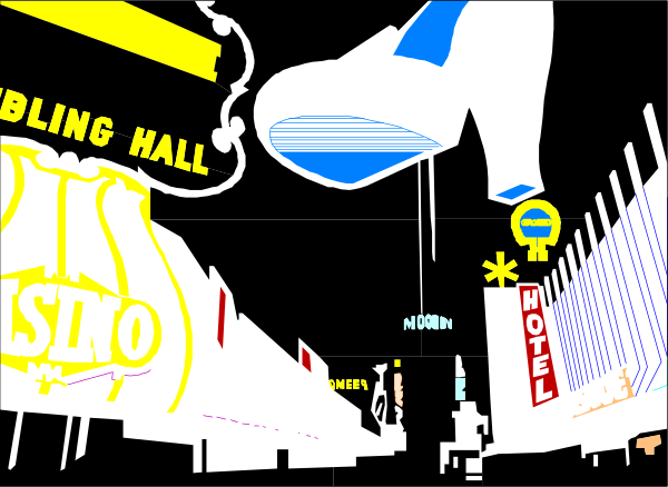 The image shows a black and white cityscape with various signs on buildings that say "BINGE HALL," "MOTEL 601," "I LOVE YOU" in different languages, and other words like "SMOKE." There is an animated character hanging from the ceiling. It appears to be taken at night or during a time when there's no natural light visible due to darkness outside of buildings. The style suggests it could be related to animation or graphic design with text elements integrated into the scene, possibly as part of advertising or decoration for a themed event