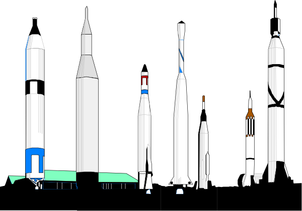 The image shows a collection of spacecraft including rockets, shuttles, and satellites against a black background with white outlines representing their shapes.