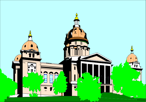 The image shows a stylized illustration of an old church with two towers against a blue sky background.