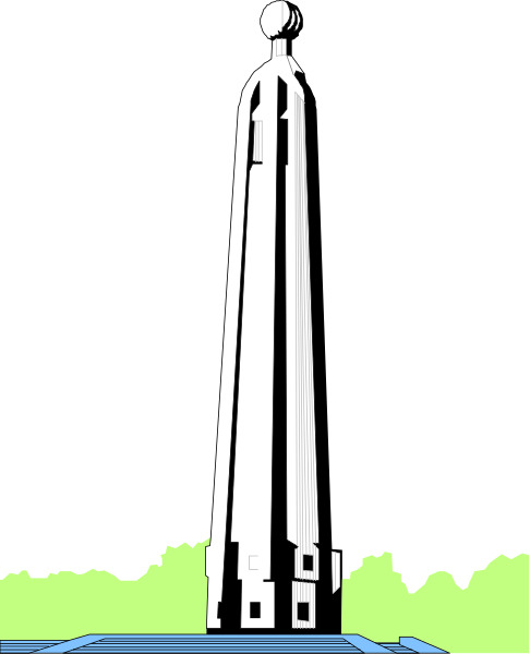 The black and white illustration shows a tall building with multiple levels against an evening sky background.