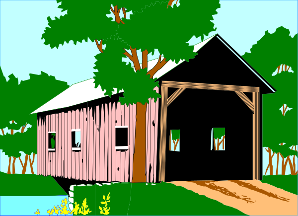 The image shows a rural scene with an old wooden barn next to a body of water under trees on what appears to be a sunny day.