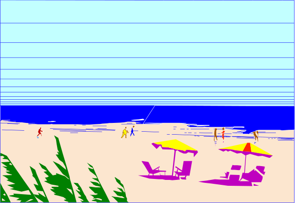 The image shows a beach scene with sandy shores on both sides of water; there's an umbrella in front of chairs under which two figures sit facing away from each other near palm trees at sunset, and it appears to be taken during daylight hours as indicated by the bright sky.