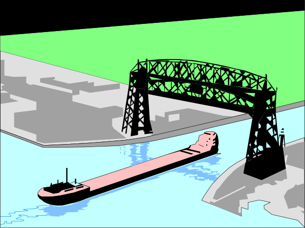 The image shows a black and white illustration of an overhead view bridge with two towers over water where boats can pass through; on one side there is land with buildings while on the other side it appears to be more natural, possibly indicating different areas connected by this structure.