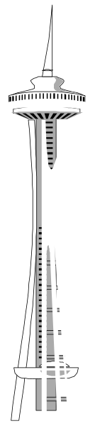 The image shows a split view of two different scenes: on top, there's an iconic Space Needle against a dark sky; below it is another scene with what appears to be a cityscape at night featuring buildings and lights in various shades of white and gray tones.