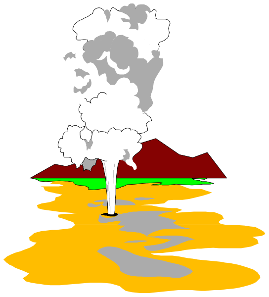 The image shows a cartoon depiction of an erupting volcano with smoke billowing out from it into the sky above water that is colored yellow to represent lava flow.