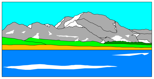 The image shows a landscape scene with mountains on both sides of water, depicted as two separate panels within an overall frame that resembles a window viewer.