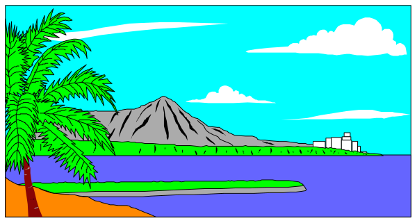 The image shows a tropical scene with palm trees on either side of an island view featuring mountains under blue skies; there is no text present in this clip-art illustration.